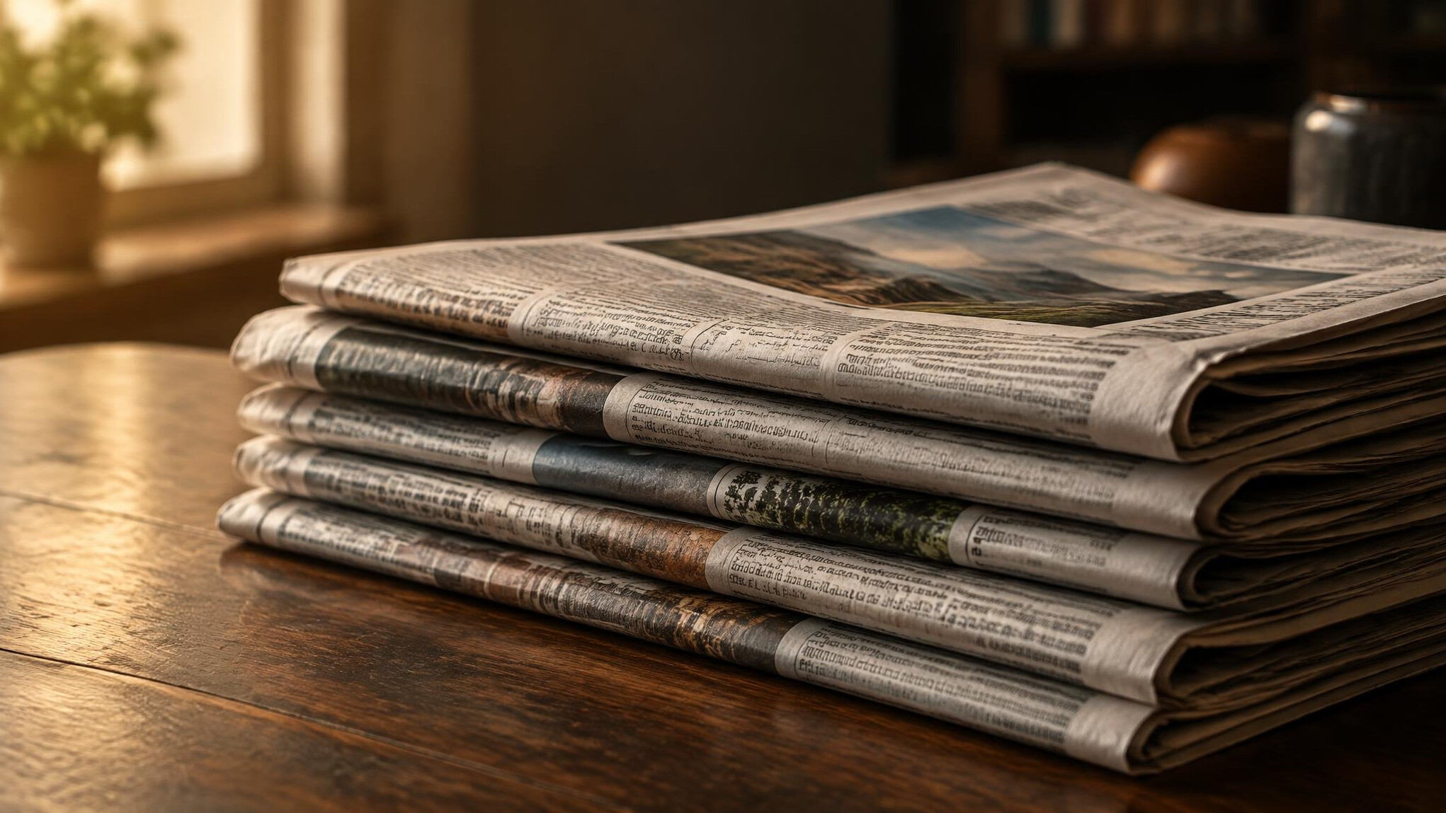 Pile of newspapers with printed headlines